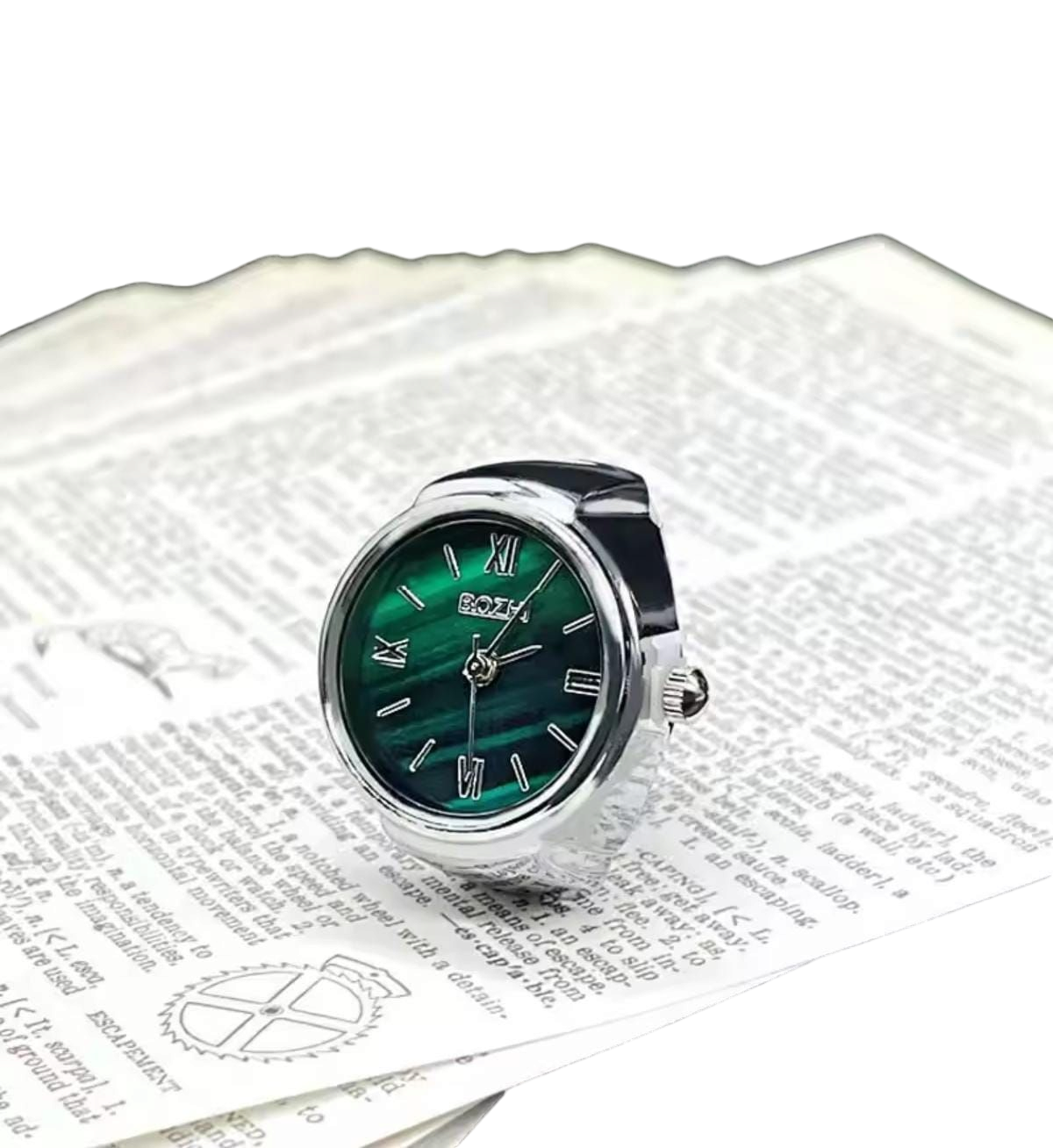 Reloj de Dedo Plateado Fondo Verde